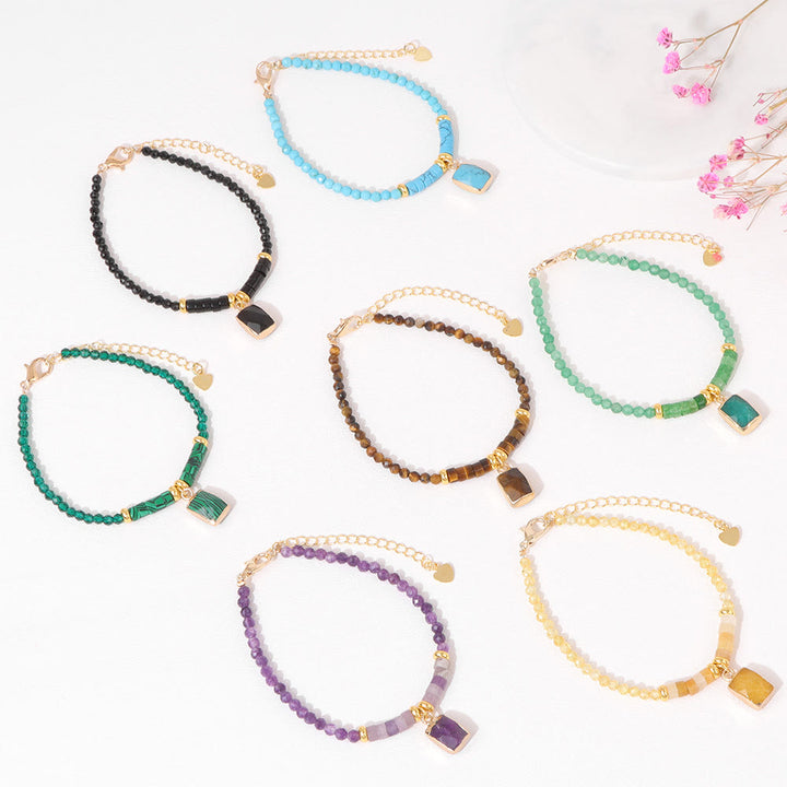 Olivenorma 3mm Natural Stone Beads Square Pendant Bracelet