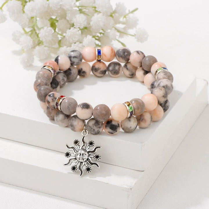 Olivenorma Natural Stone Beads Metal Sun Pendant Bracelet Set