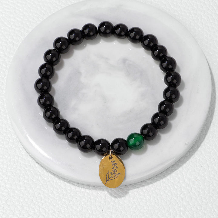 Olivenorma 8mm Obsidian Beaded Birth Flower Metal Bracelet