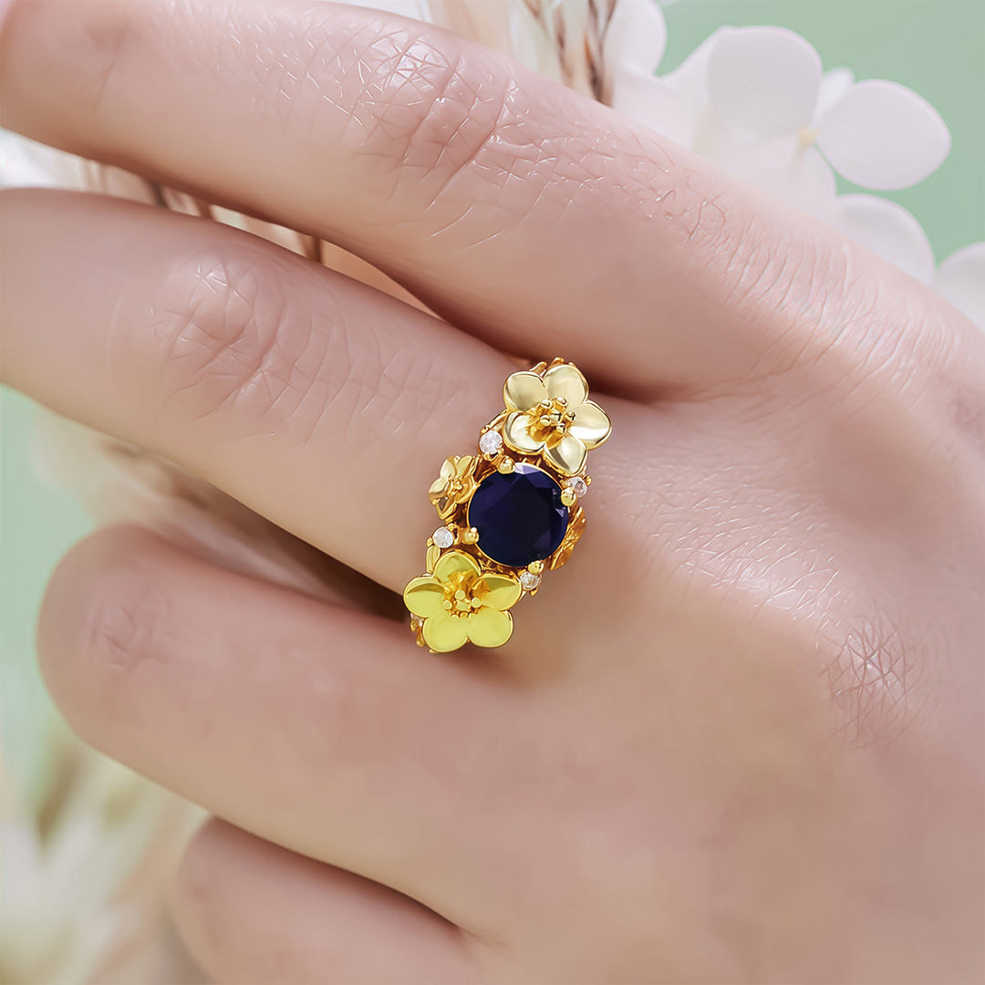 Olivenorma"Blooming Flowers" Sapphire Obsidian White Zircon Ring