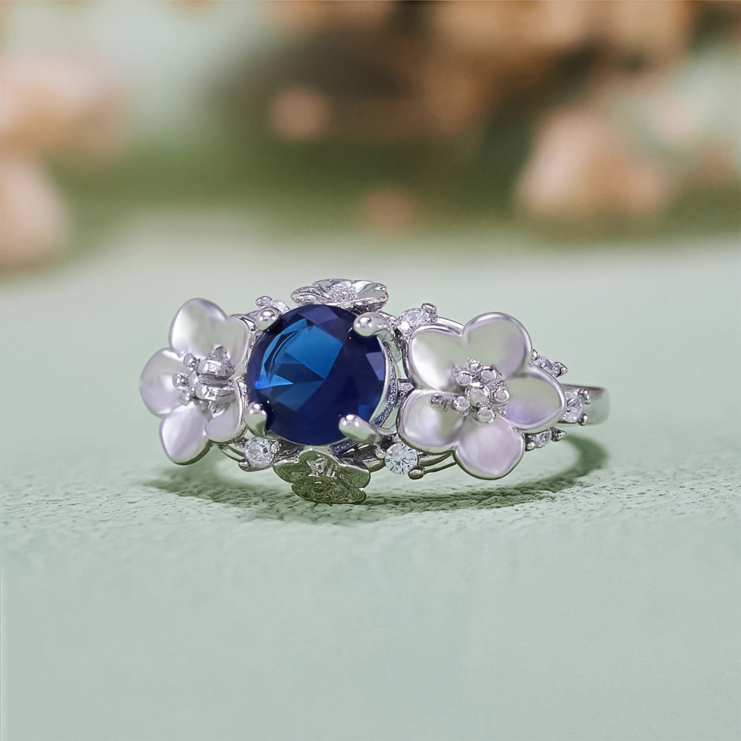 Olivenorma"Blooming Flowers" Sapphire Obsidian White Zircon Ring