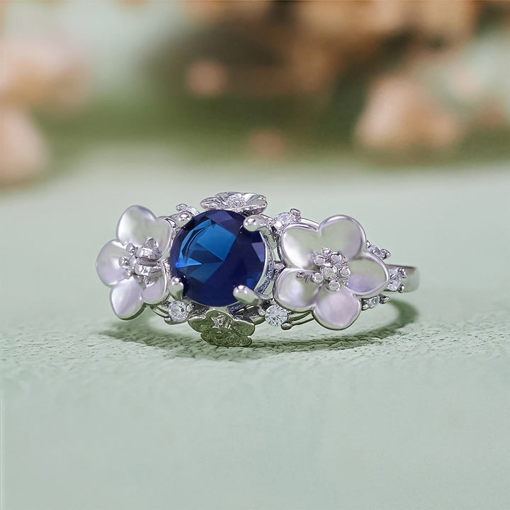 Olivenorma"Blooming Flowers" Sapphire Obsidian White Zircon Ring