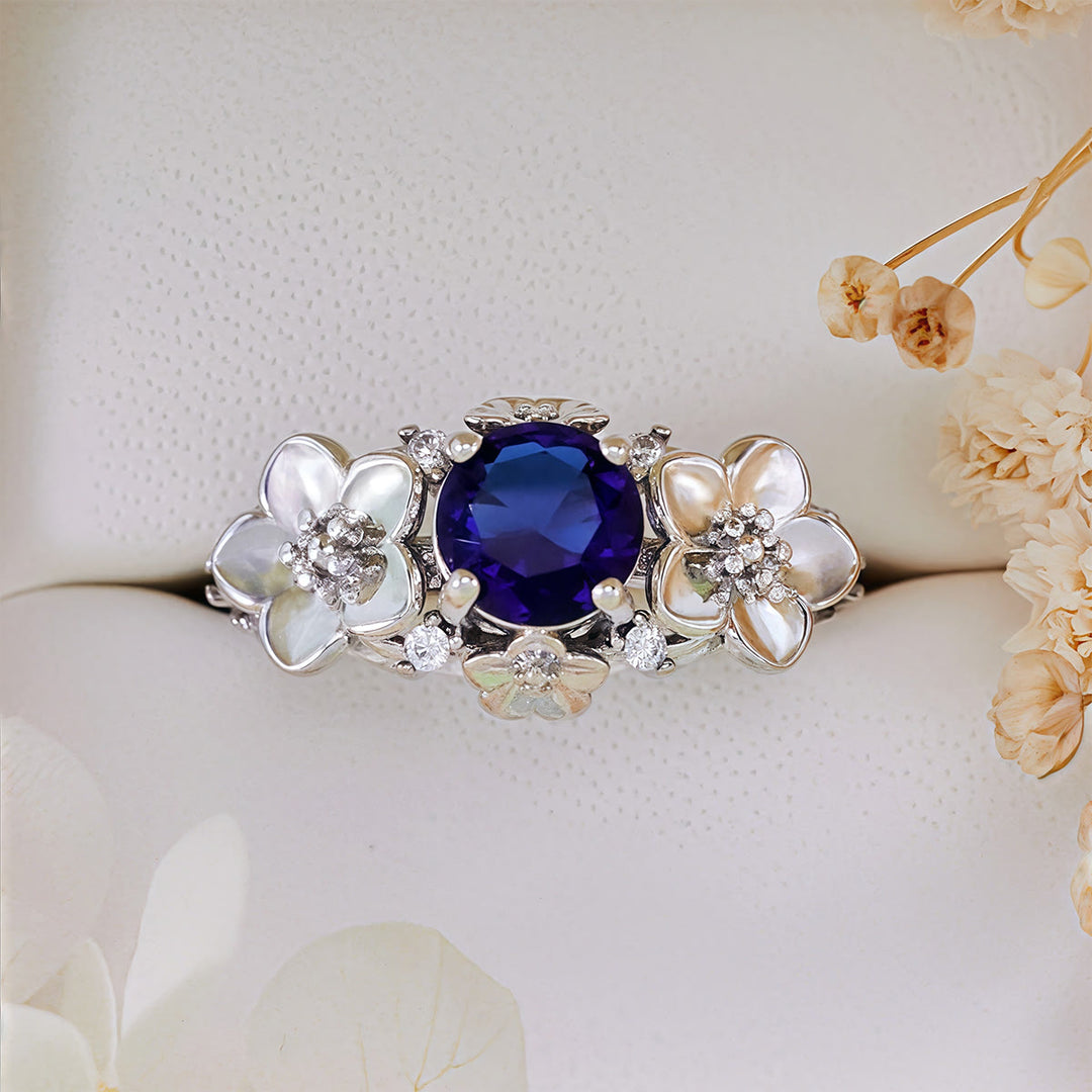 Olivenorma"Blooming Flowers" Sapphire Obsidian White Zircon Ring