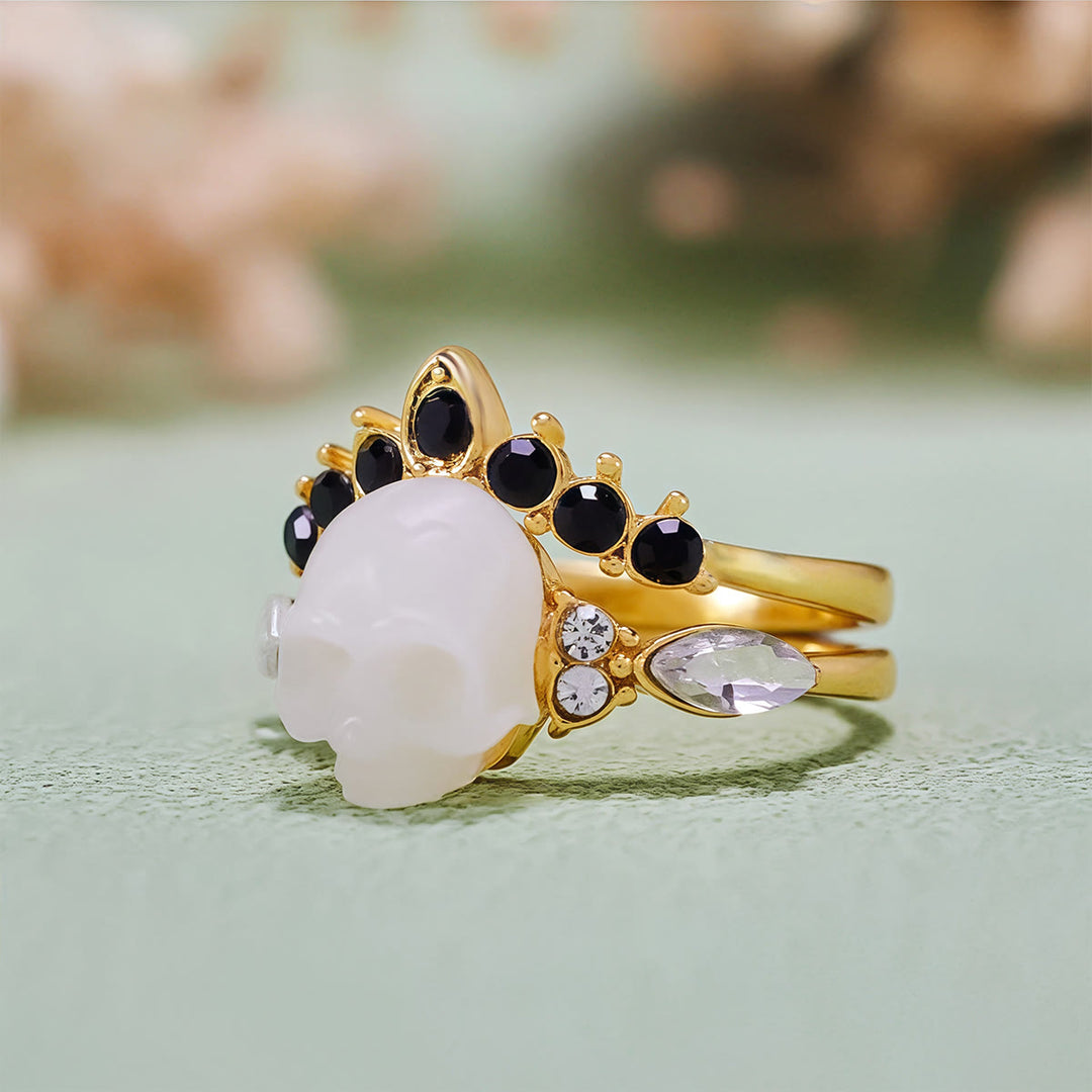 Olivenorma Gothic Resin skull and Moissanite Crown Ring Set