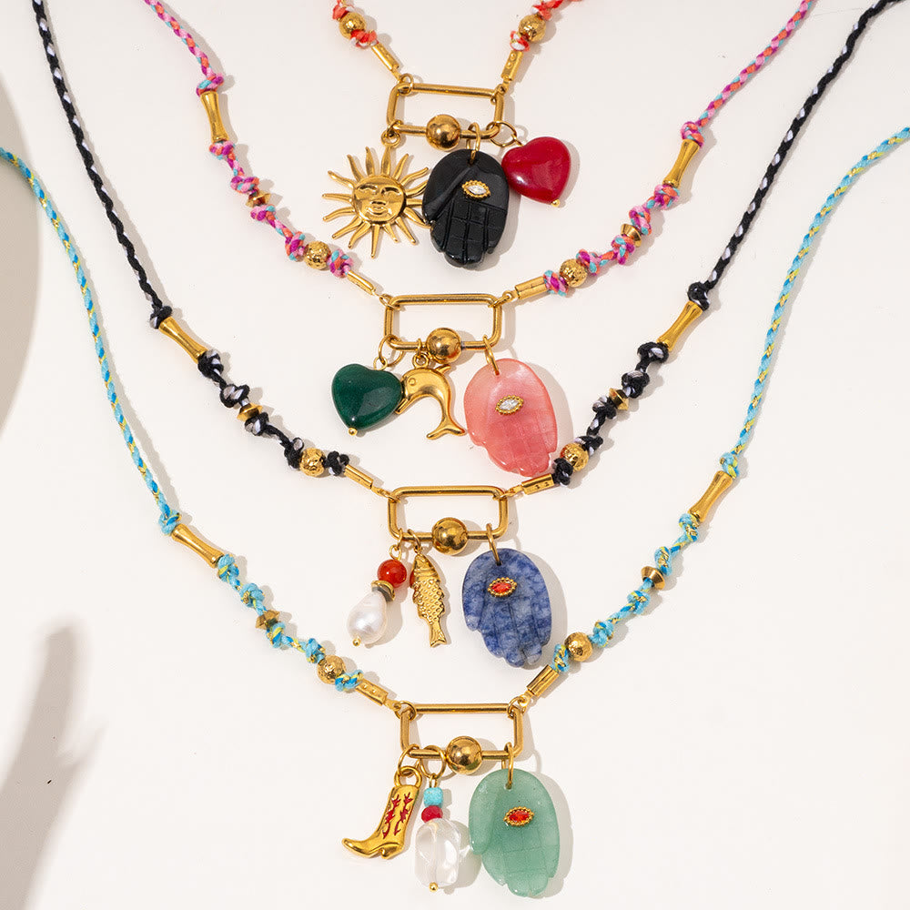 Olivenorma Natural Stone Hamsa Pendant Colored Rope Necklace
