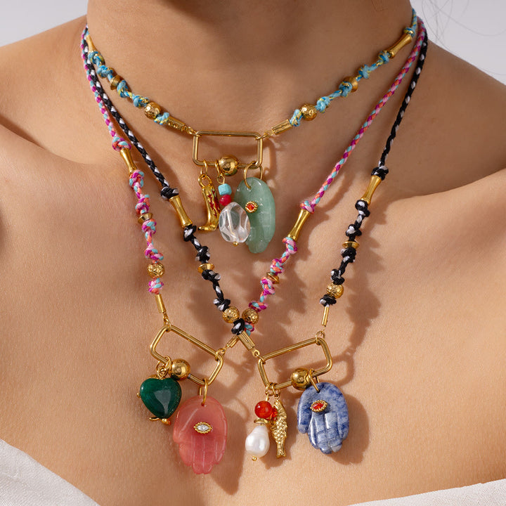 Olivenorma Natural Stone Hamsa Pendant Colored Rope Necklace