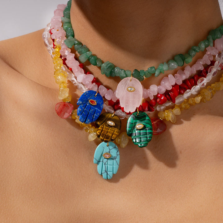 Olivenorma Irregular Crystal Bead Hamsa Pendant Necklace