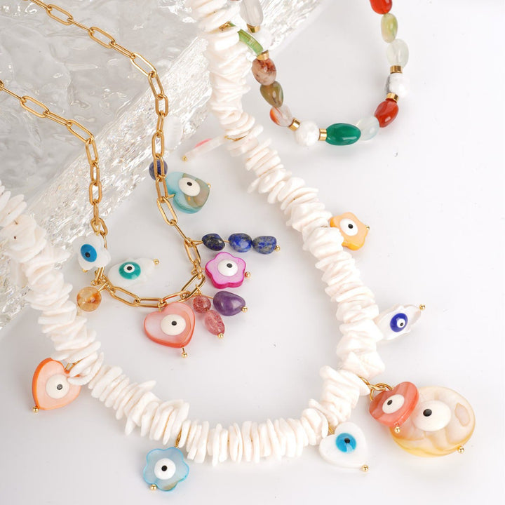 Olivenorma Natural Crystal Shell Beads Evil Eye Necklace