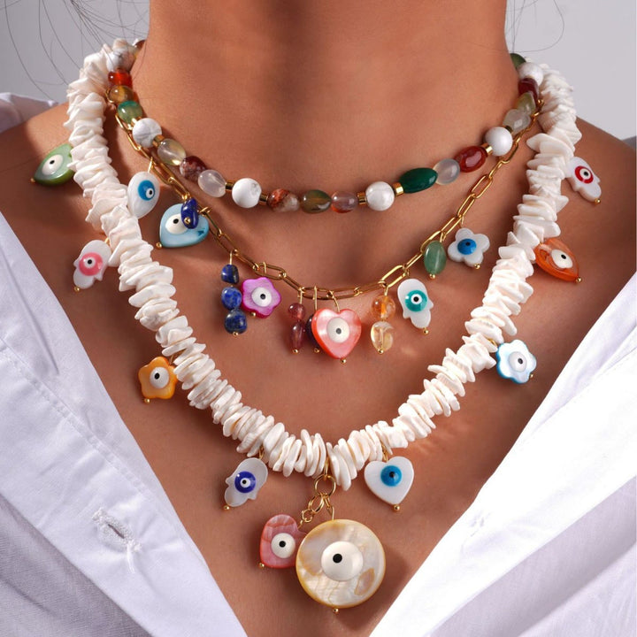 Olivenorma Natural Crystal Shell Beads Evil Eye Necklace
