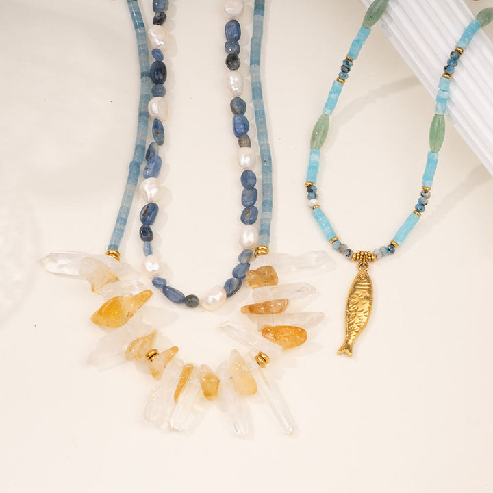 Olivenorma Crystal Beads Stainless Steel Fish Pendant Necklace