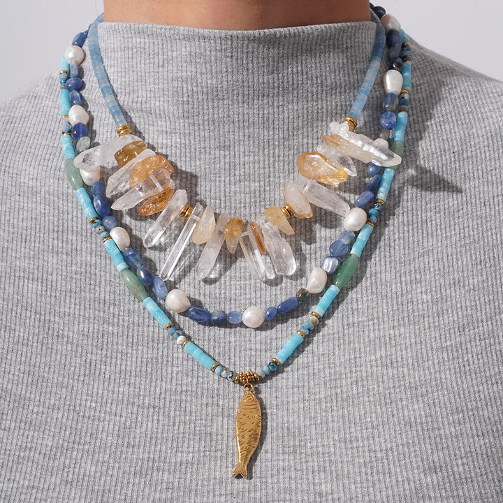 Olivenorma Crystal Beads Stainless Steel Fish Pendant Necklace