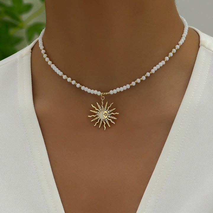 Olivenorma Natural Crystal Beads Sun Evil Eye Pendant Necklace