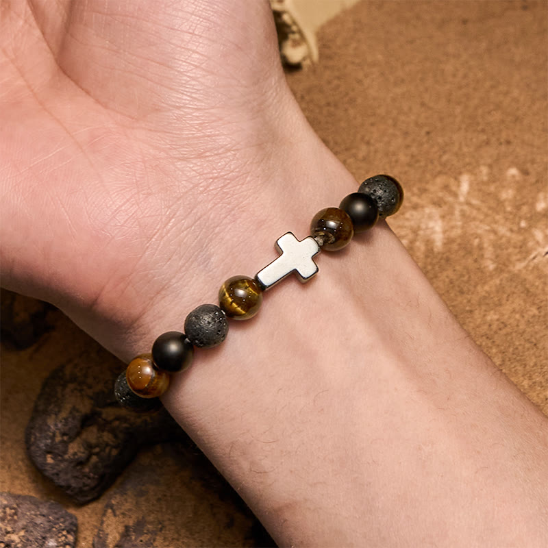 Olivenorma Tiger Eye Lava Stone Beads Cross Bracelet - image 1