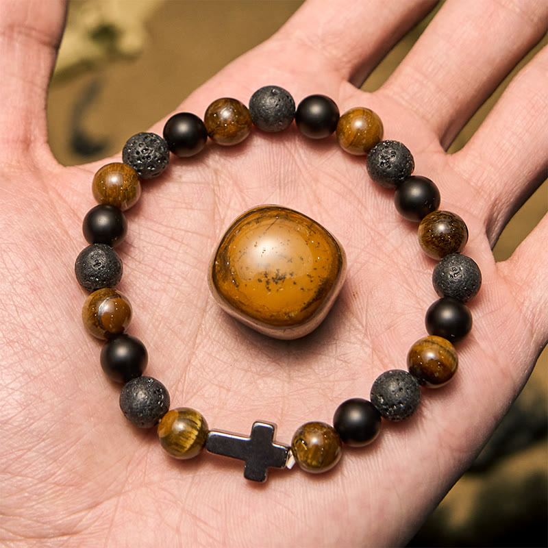 Olivenorma Tiger Eye Lava Stone Beads Cross Bracelet - image 3