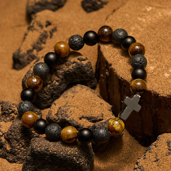 Olivenorma Tiger Eye Lava Stone Beads Cross Bracelet - image 4