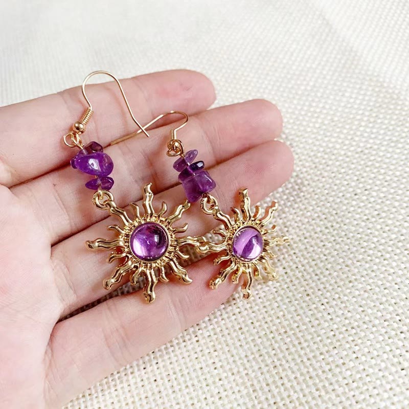 Olivenorma Natural Amethyst Gravel Beads Sun Earrings