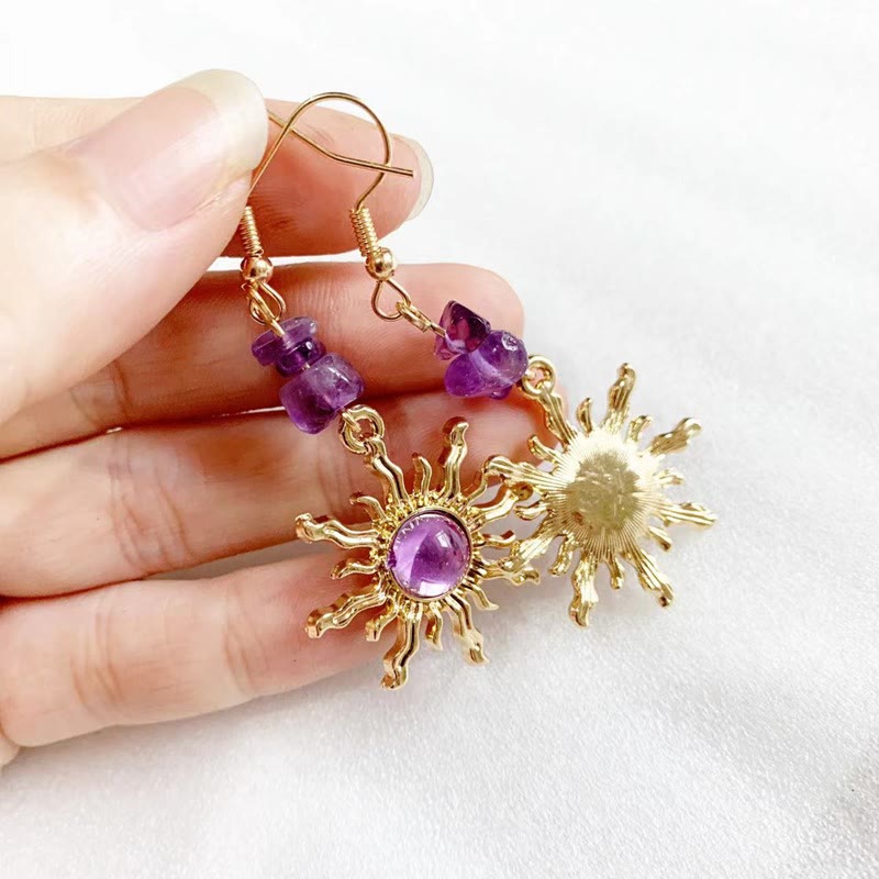 Olivenorma Natural Amethyst Gravel Beads Sun Earrings
