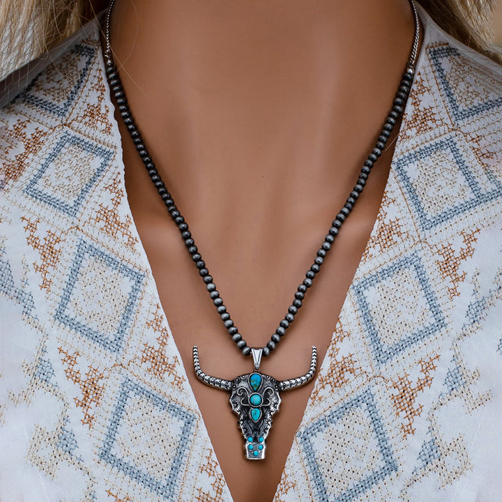 Olivenorma Natural Stone Beads Turquoise Bull Head Pendant Necklace