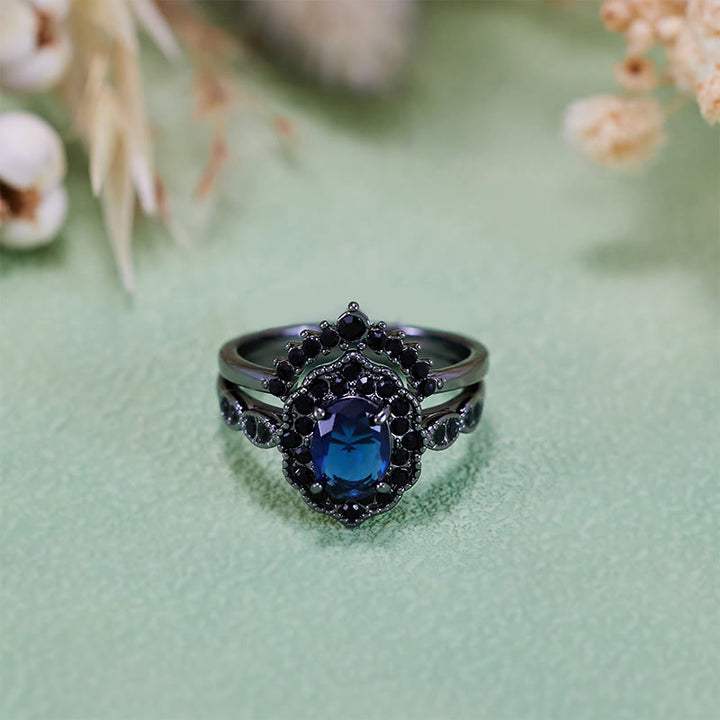 Olivenorma Black Gold Oval Sapphire Floral Bridal Set