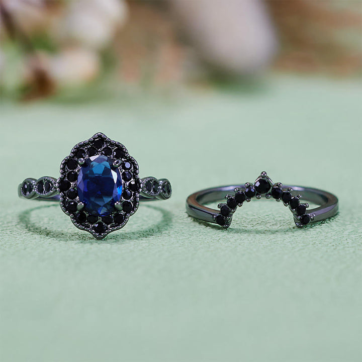 Olivenorma Black Gold Oval Sapphire Floral Bridal Set