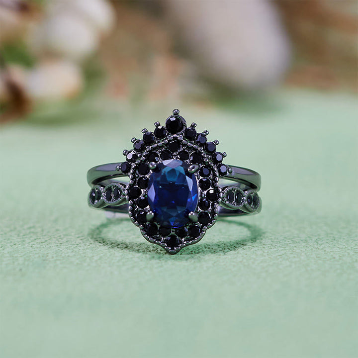 Olivenorma Black Gold Oval Sapphire Floral Bridal Set