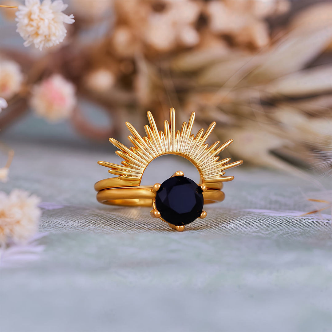 Olivenorma Obsidian Sun Rays Design Ring Set