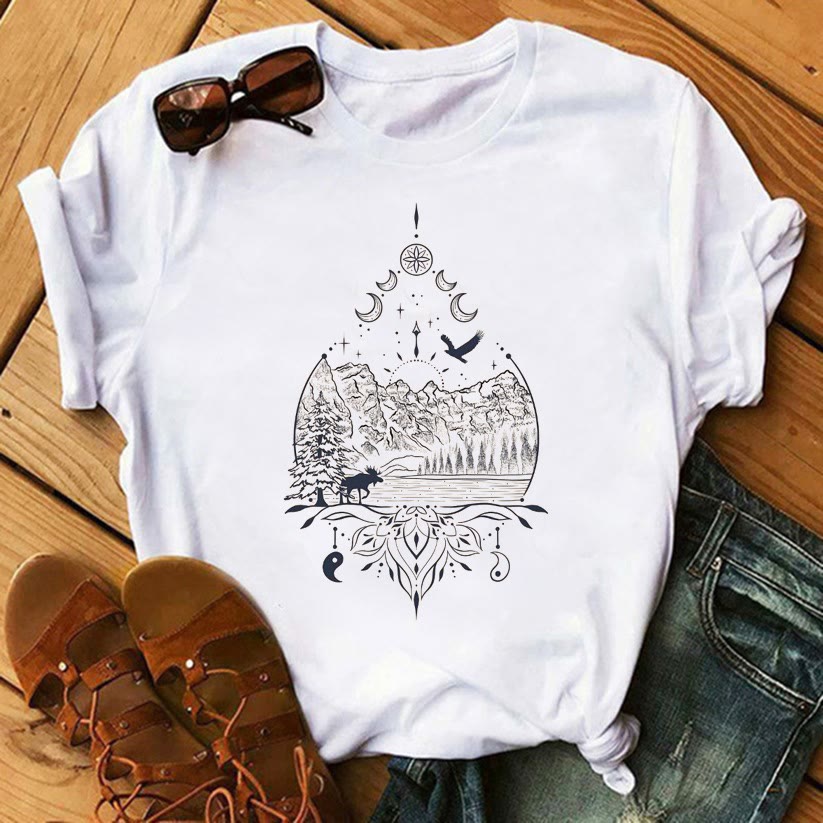 Olivenorma Tree of Life Inspirational Cotton T-Shirts - Moon Phase & Mountains and Rivers - 2XL - image 10