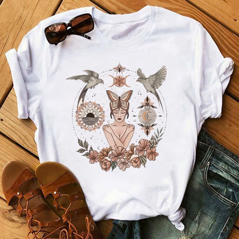 Olivenorma Tarot Print Inspirational Cotton T-Shirts - Moth Fairy & Twin Birds - 2XL - image 9