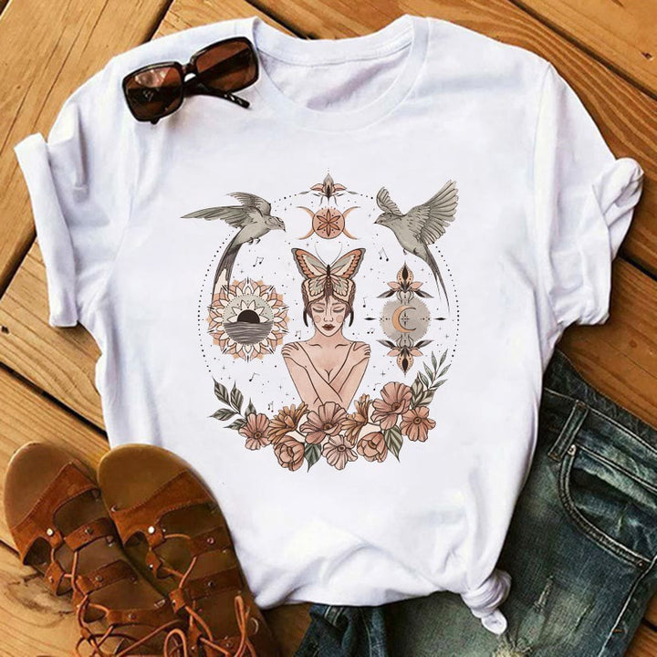 Olivenorma Tarot Print Inspirational Cotton T-Shirts - Moth Fairy & Twin Birds - 2XL - image 9