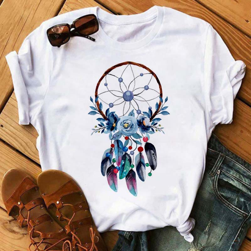 Olivenorma Cotton Dreamcatcher Tree Of Life Printed T-Shirt - Blue Flower Dreamcatcher - 2XL - image 8