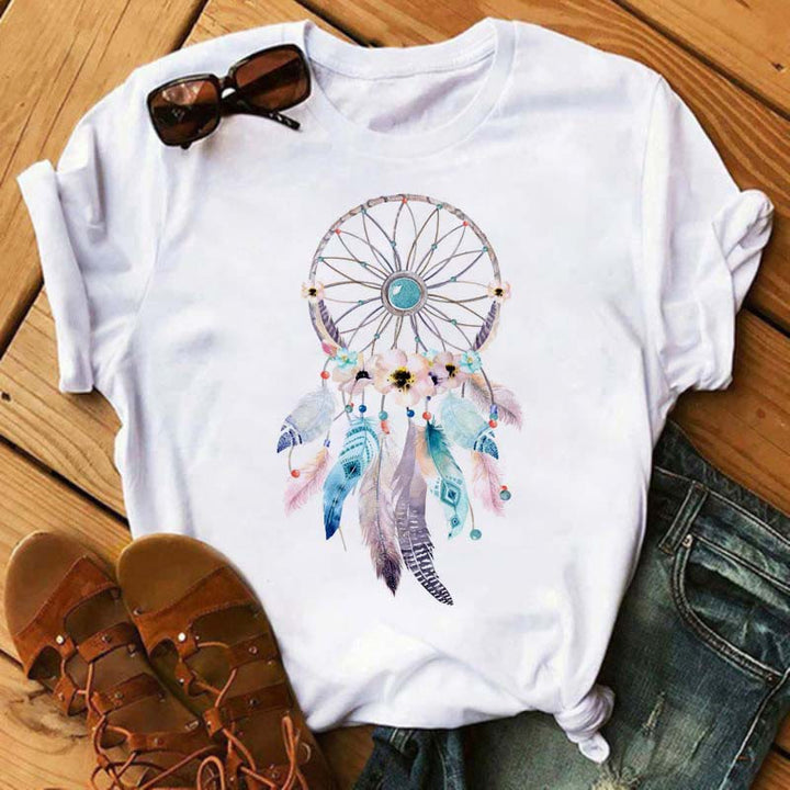 Olivenorma Cotton Dreamcatcher Tree Of Life Printed T-Shirt - Blue Feather Dreamcatcher - 2XL - image 3
