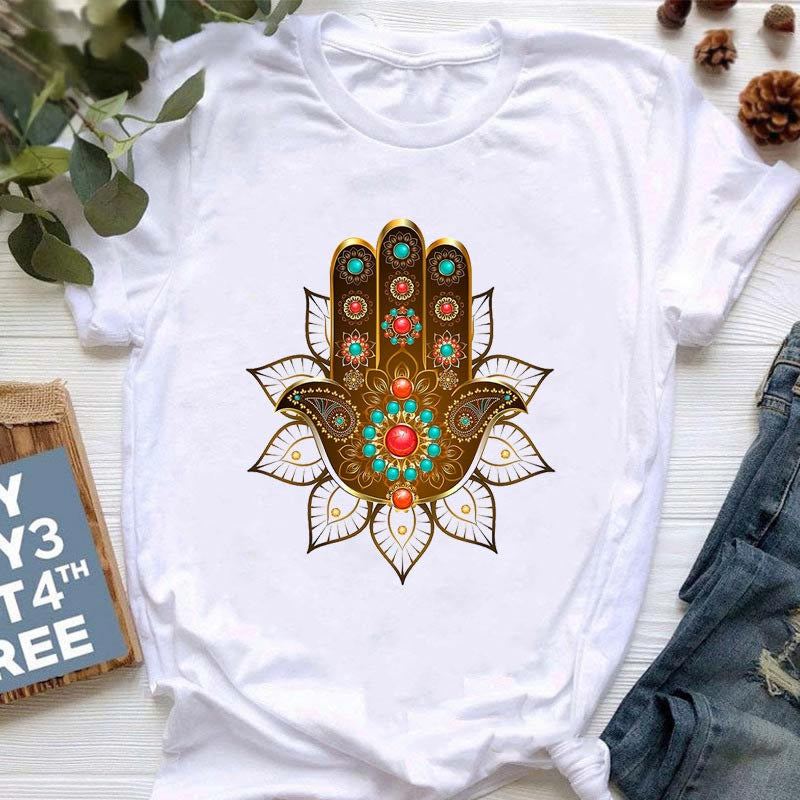 Olivenorma Meditation Hamsa Buddha Lotus Printed T-Shirt - Hamsa & Lotus - 2XL - image 0