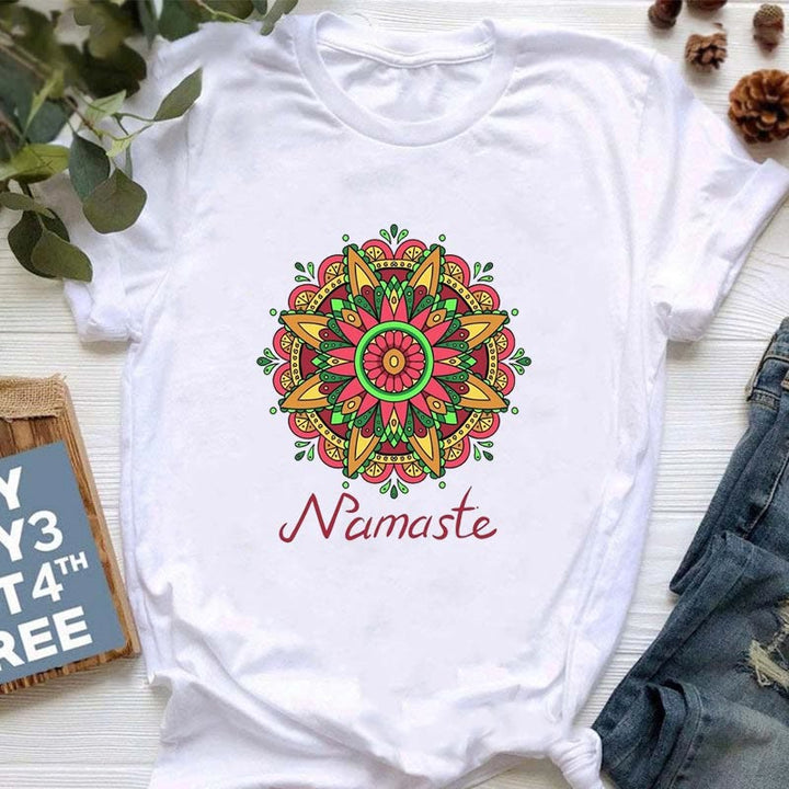 Olivenorma Meditation Hamsa Buddha Lotus Printed T-Shirt - Red And Green Flowers - 2XL - image 9