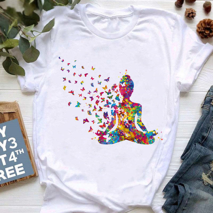 Olivenorma Colorful Buddha Meditation Yoga Printed T-Shirt - Colorful Buddha - White - 2XL - image 0