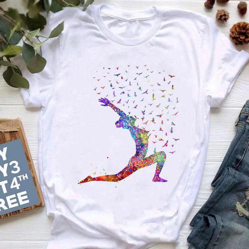 Olivenorma Colorful Buddha Meditation Yoga Printed T-Shirt - Yoga pose#2 - White - 2XL - image 5