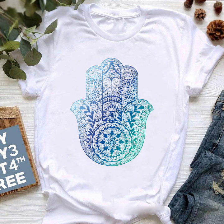 Olivenorma Buddha Yoga Meditation Top Colorful Printed T-Shirt - Blue Hamsa - 2XL - image 0