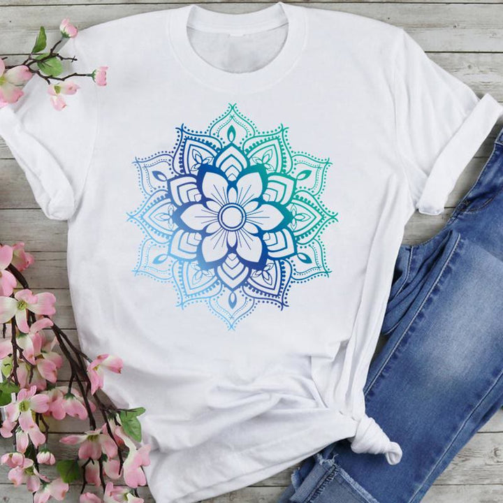 Olivenorma Cotton Colorful Lotus Elephant Printed T-shirt - Blue-Green Lotus - 2XL - image 12