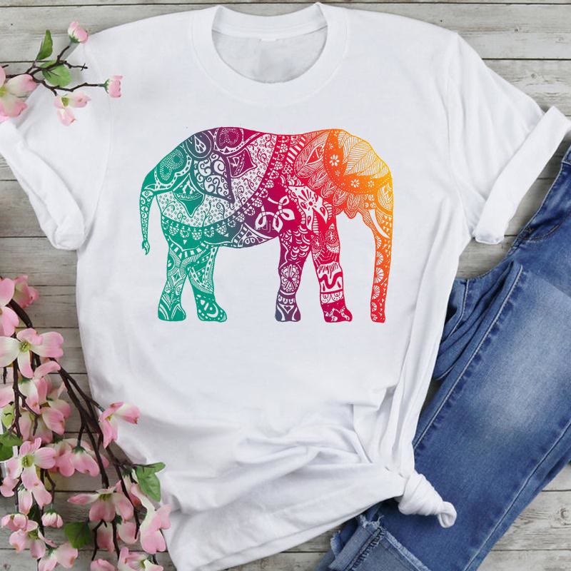Olivenorma Cotton Colorful Lotus Elephant Printed T-shirt - Color Elephant - 2XL - image 17