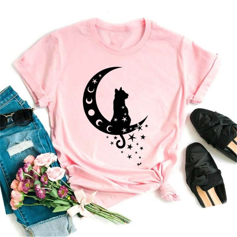 Olivenorma Polyester Black Moon Lotus Printed Pink T-Shirt - Moon & Black Cat - 2XL - image 4