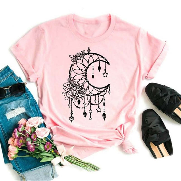 Olivenorma Polyester Black Moon Lotus Printed Pink T-Shirt - Moon & Flowers - 2XL - image 8