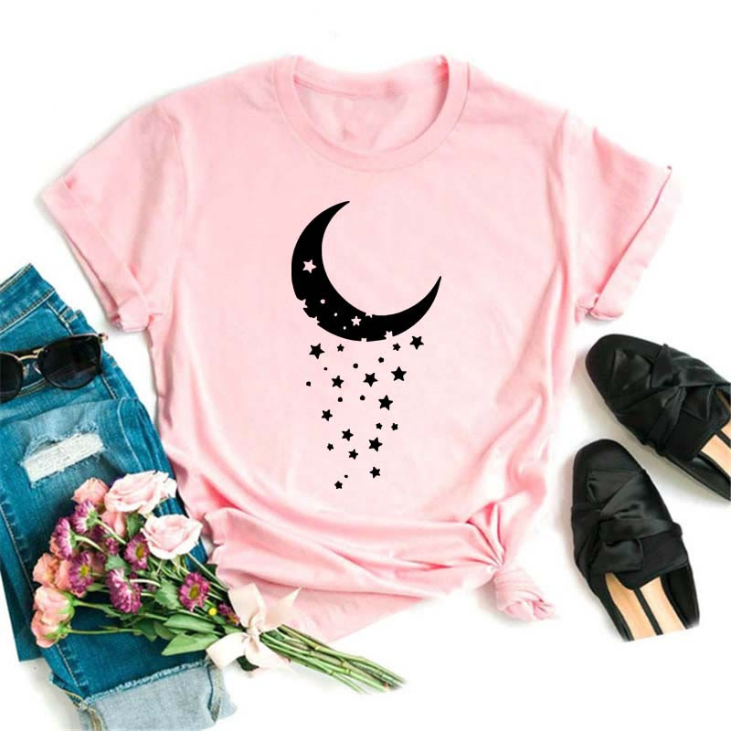 Olivenorma Polyester Black Moon Lotus Printed Pink T-Shirt - Moon & Stars - 2XL - image 3