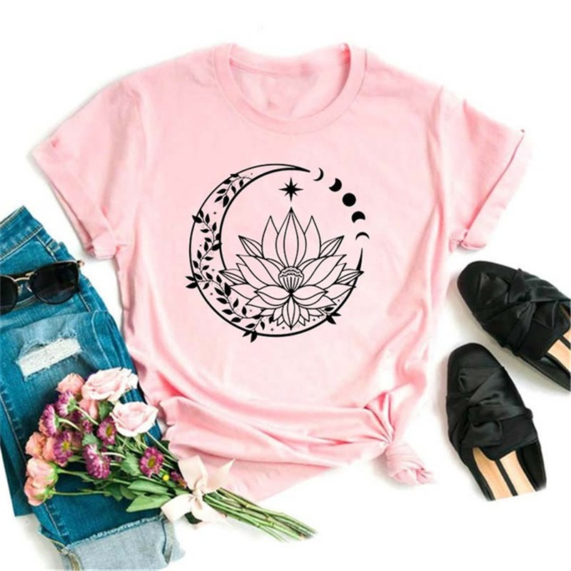 Olivenorma Polyester Black Moon Lotus Printed Pink T-Shirt - Moon & Lotus - 2XL - image 0