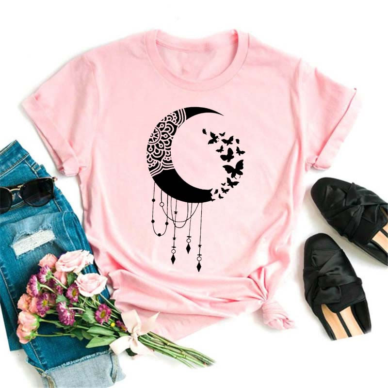 Olivenorma Polyester Black Moon Lotus Printed Pink T-Shirt - Moon & Butterfly - 2XL - image 6