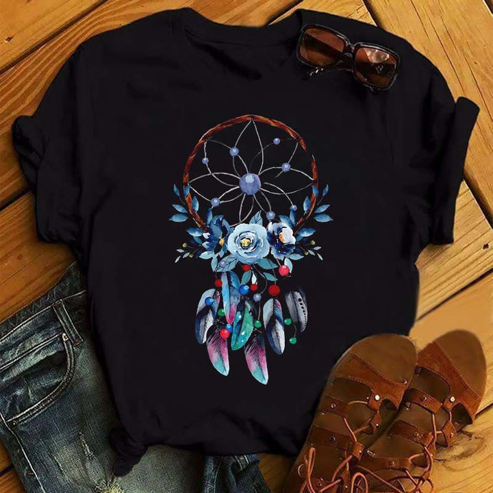 Olivenorma Cotton Dreamcatcher Printed Black T-Shirt - Dreamcatcher & Blue Roses - 2XL - image 0