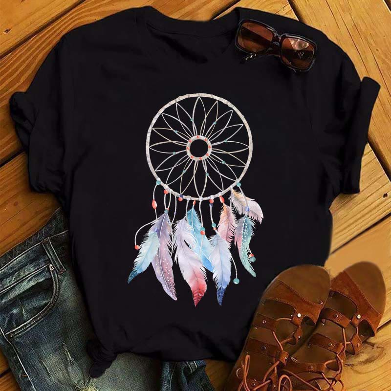 Olivenorma Cotton Dreamcatcher Printed Black T-Shirt - Dreamcatcher & Purple-blue Feathers - 2XL - image 4