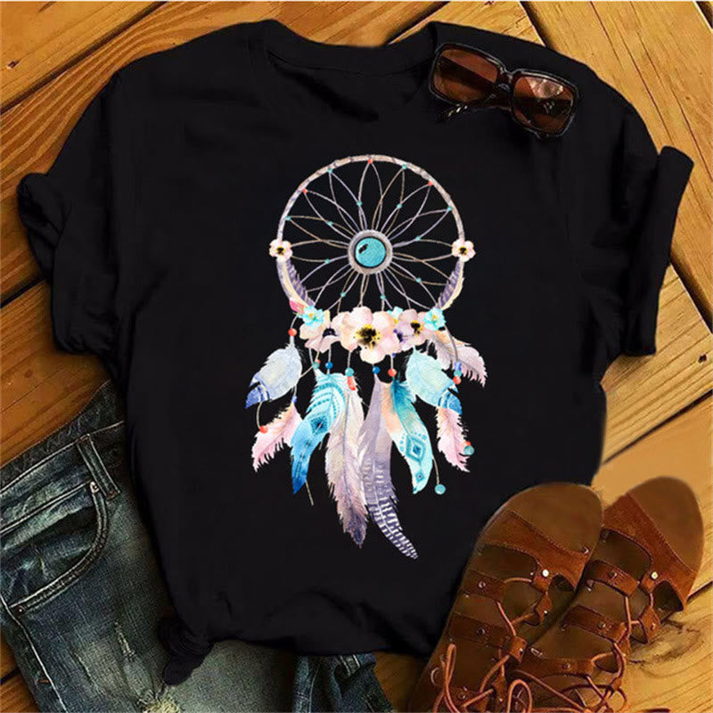 Olivenorma Cotton Dreamcatcher Printed Black T-Shirt - Dreamcatcher & Purple-pink Flowers - 2XL - image 3