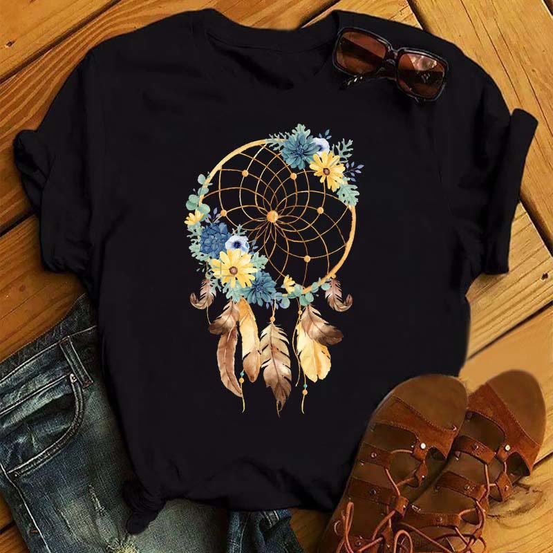 Olivenorma Cotton Dreamcatcher Printed Black T-Shirt - Dreamcatcher & Gold Feathers 2 - 2XL - image 6