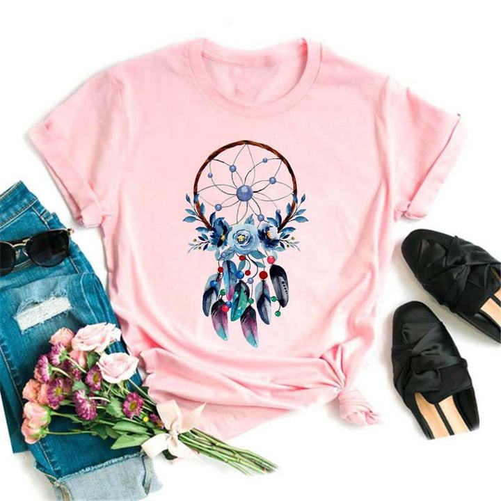 Olivenorma Modal Dreamcatcher Printed Pink T-Shirt - Dreamcatcher & Blue Rose - 2XL - image 0