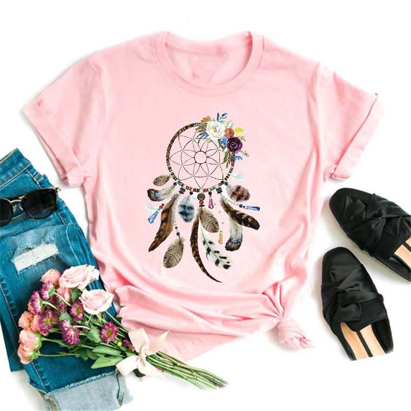 Olivenorma Modal Dreamcatcher Printed Pink T-Shirt - Dreamcatcher & Bohemian Feather - 2XL - image 3