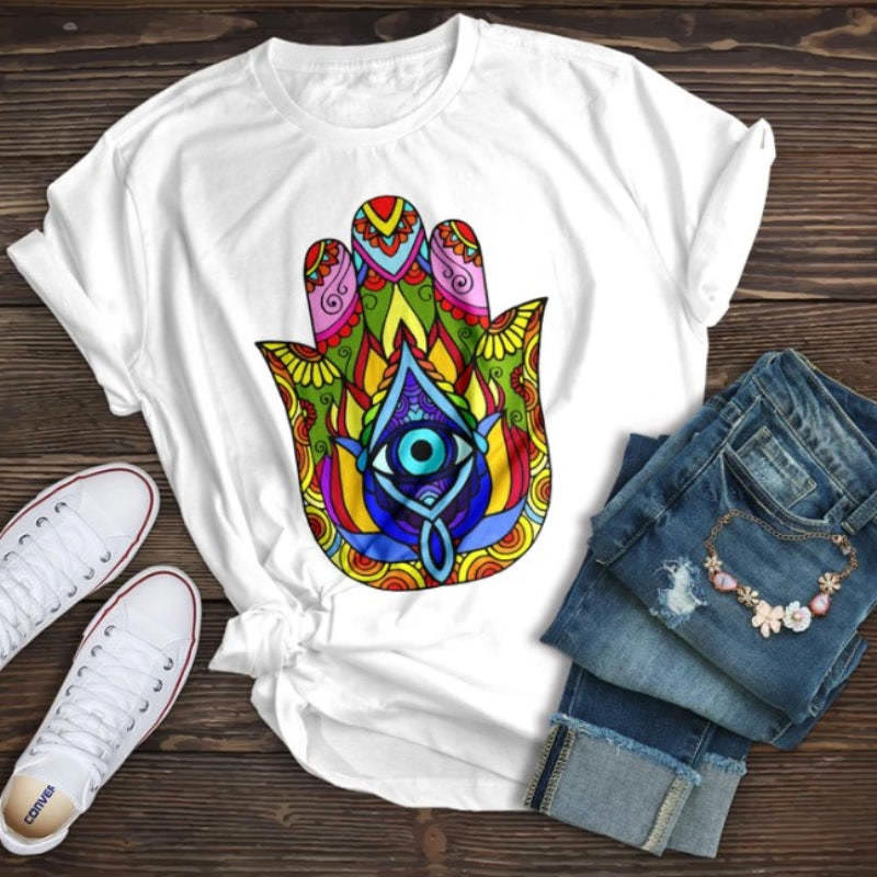 Olivenorma Cotton Hamsa Evil Eye Printed T-Shirt - White - 2XL - image 2